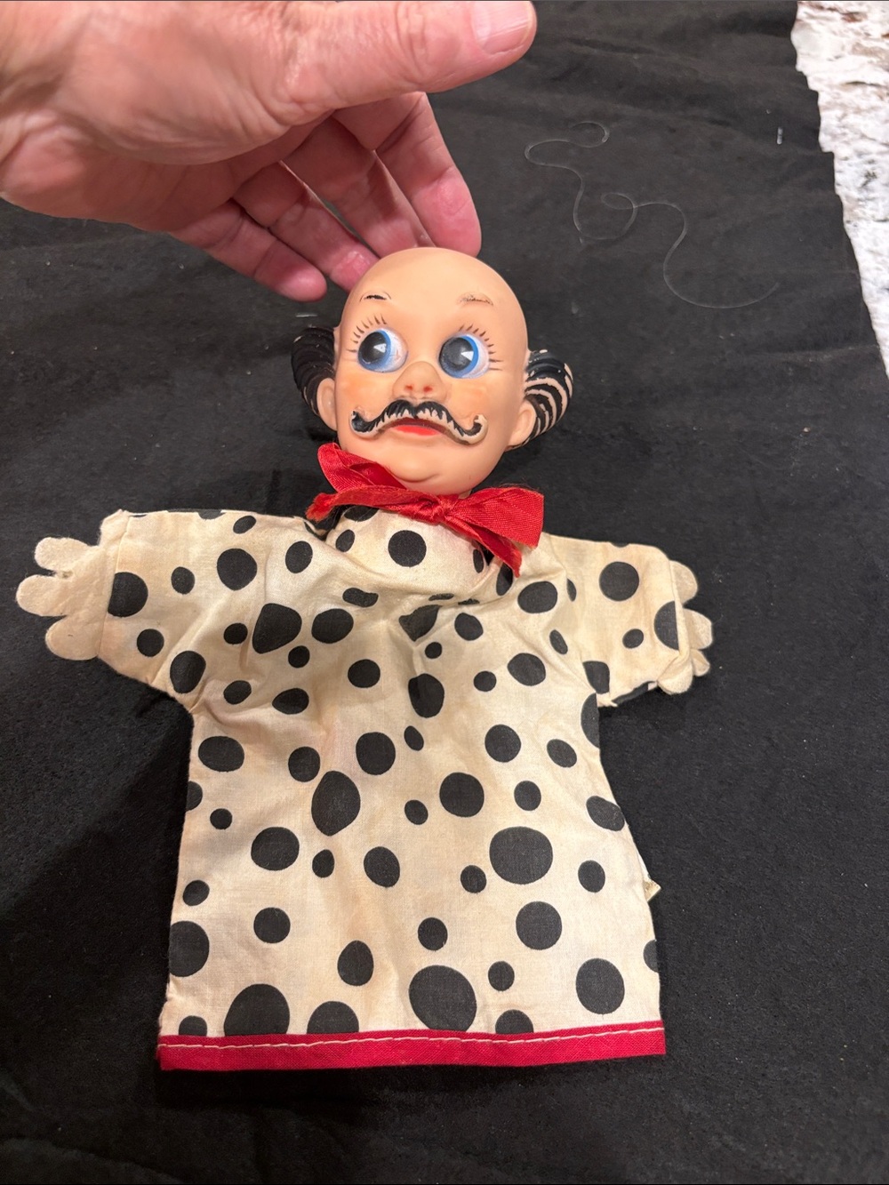 Vintage 1960 Gund Polka Dot Clown Hand Puppet - Black & Cream with Red Accent.
